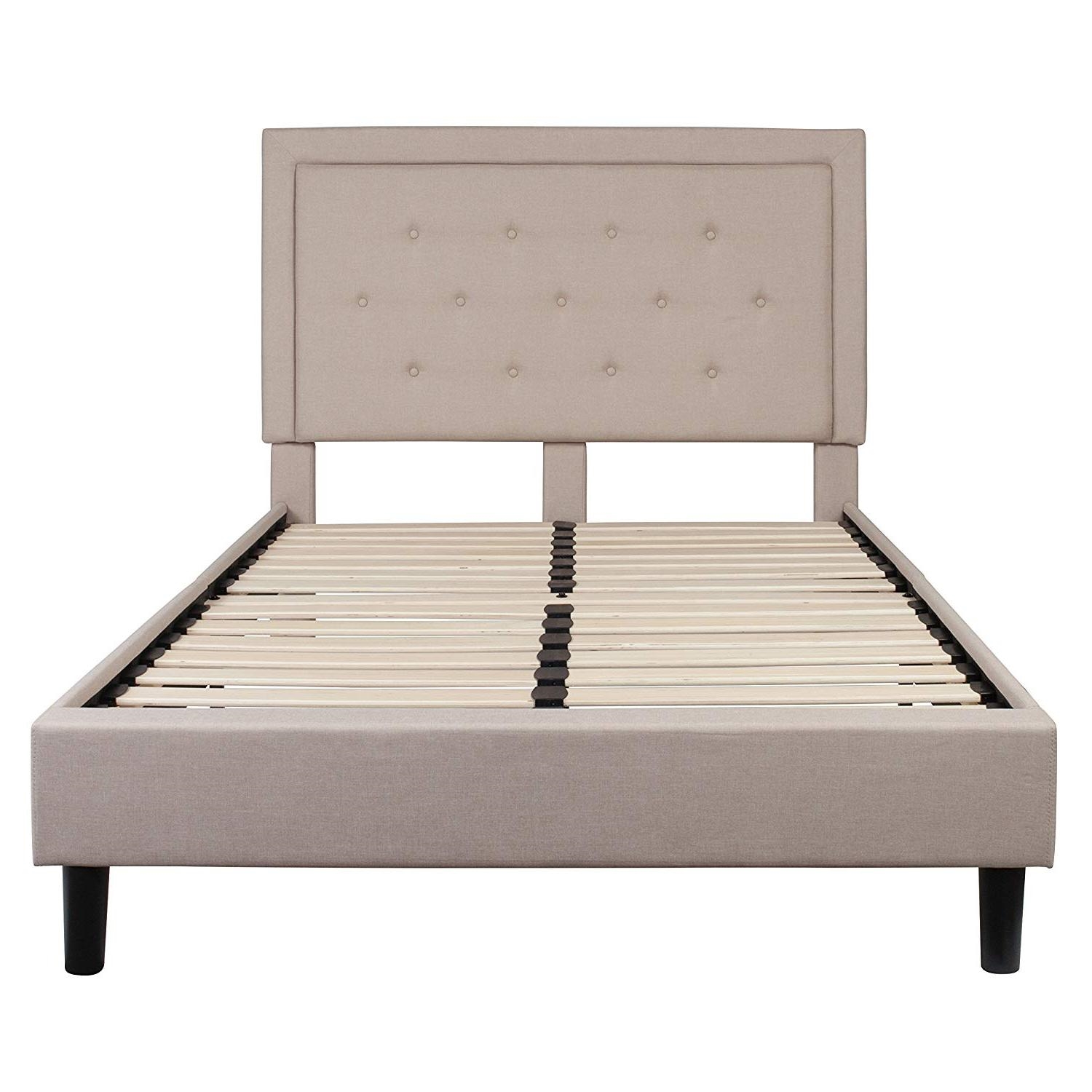 Full Size Upholstered Fabric Platform Bed Frame With Wood Slats in Beige 