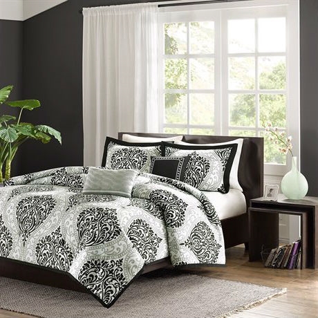 5 Piece Black White Damask Comforter Set, Black And White California King Bedspread