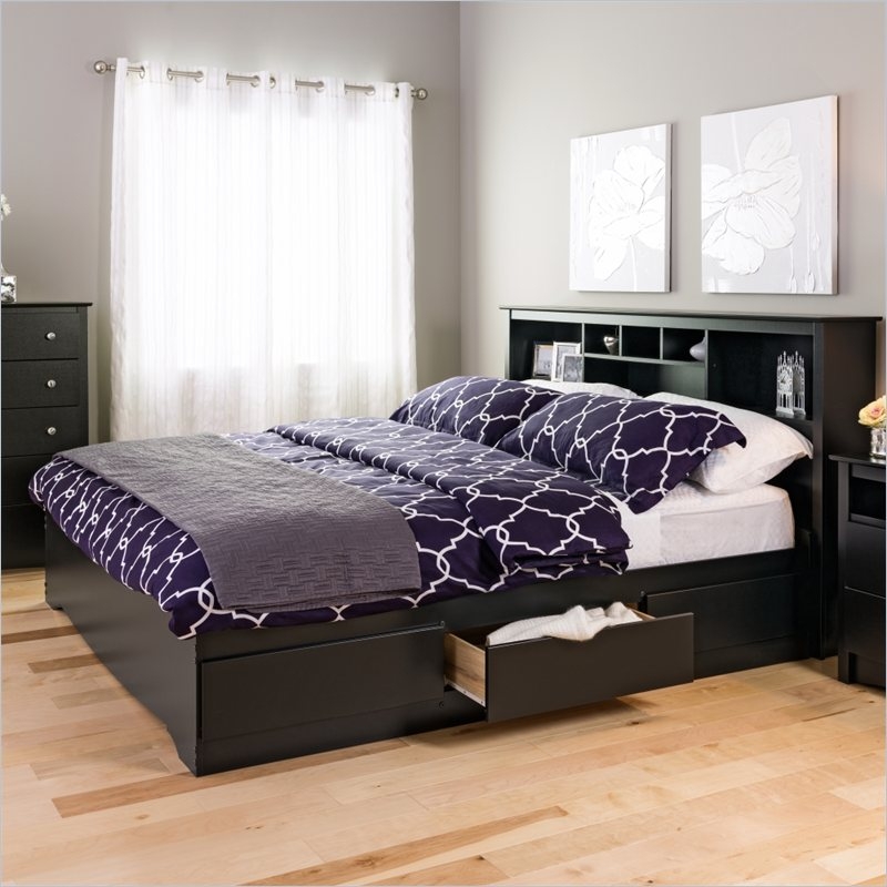 King Size Bookcase Headboard In Black, King Size Platform Bed With Bookcase Headboard