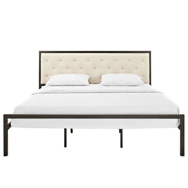 King Size Modern Metal Platform Bed Frame With Beige Upholstered Headboard Modern Metal Platform Bed Frame, Upholstered Panel Bed King Size
