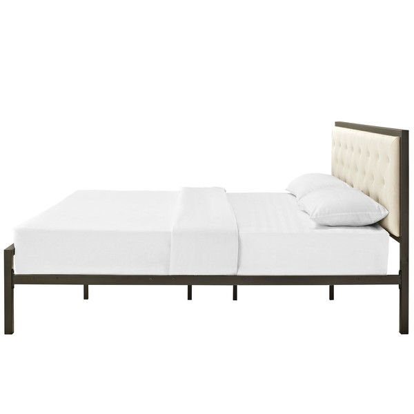 King Size Modern Metal Platform Bed Frame With Beige Upholstered Headboard Modern Metal Platform Bed Frame, King Size Metal Platform Bed With Headboard