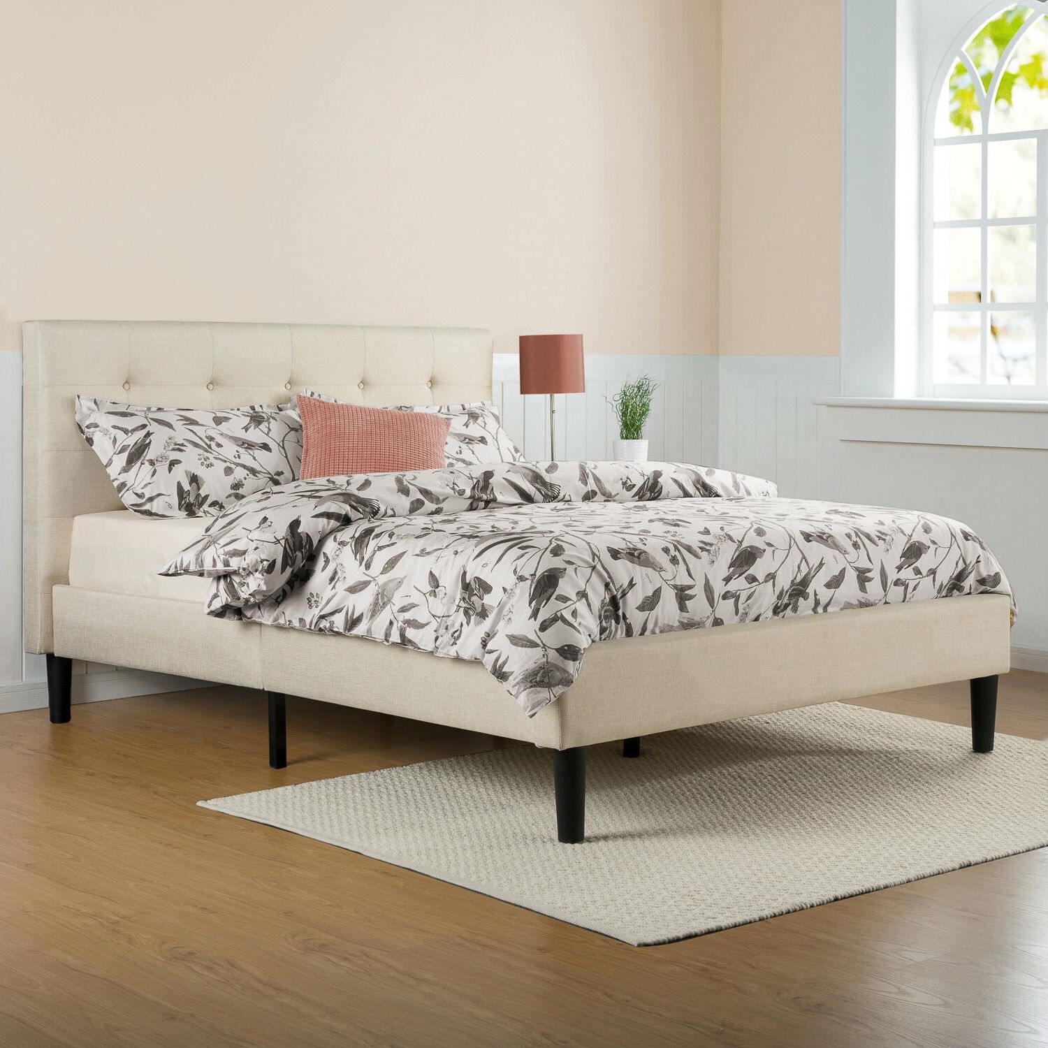 Queen Size Bed Frame With Headboard Upholstered Frame Furniture Wood Slats 