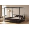 Queen size Heavy Duty Black Metal Canopy Bed Frame with Wood Slats